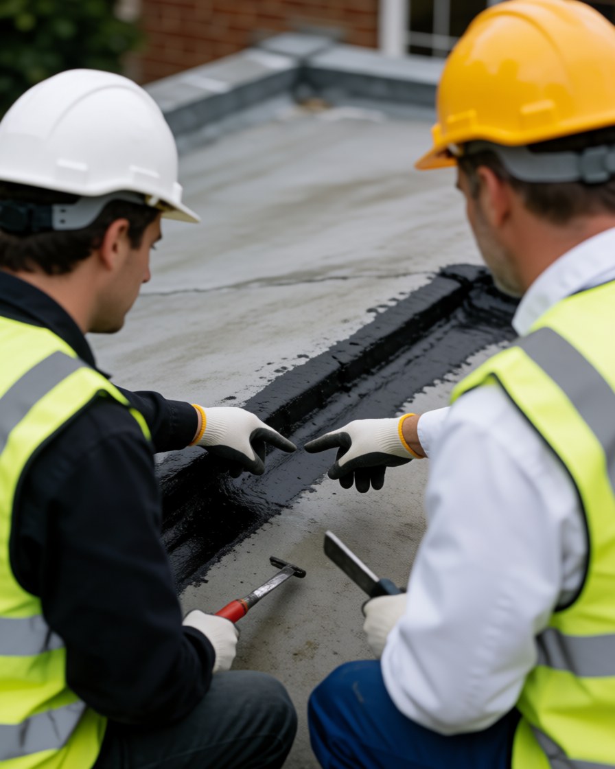 Two masons in hard hats and vests inspecting a black sealing joint on a concrete roof with tools nearby