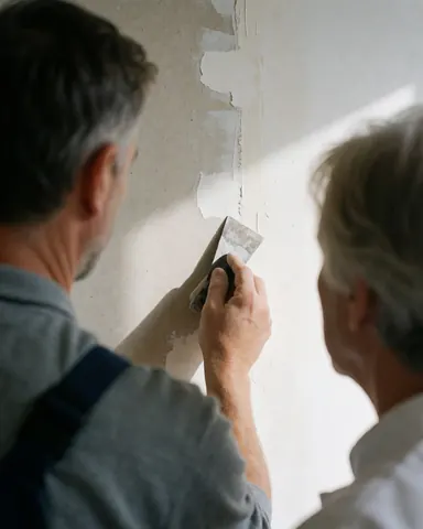 A wall repairer applies plaster to a wall using a trowel while a client observes the repaired surface under natural light.