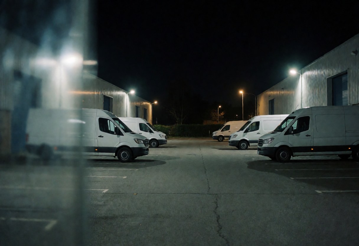 Cargo trucks parked in an industrial park at night with warm lighting highlighting the logistics and freight transport environment
