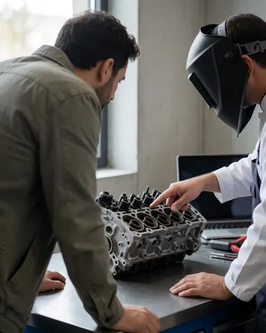 Mechanic wearing a welding helmet explains motorcycle engine details to a client in a well-lit workshop.