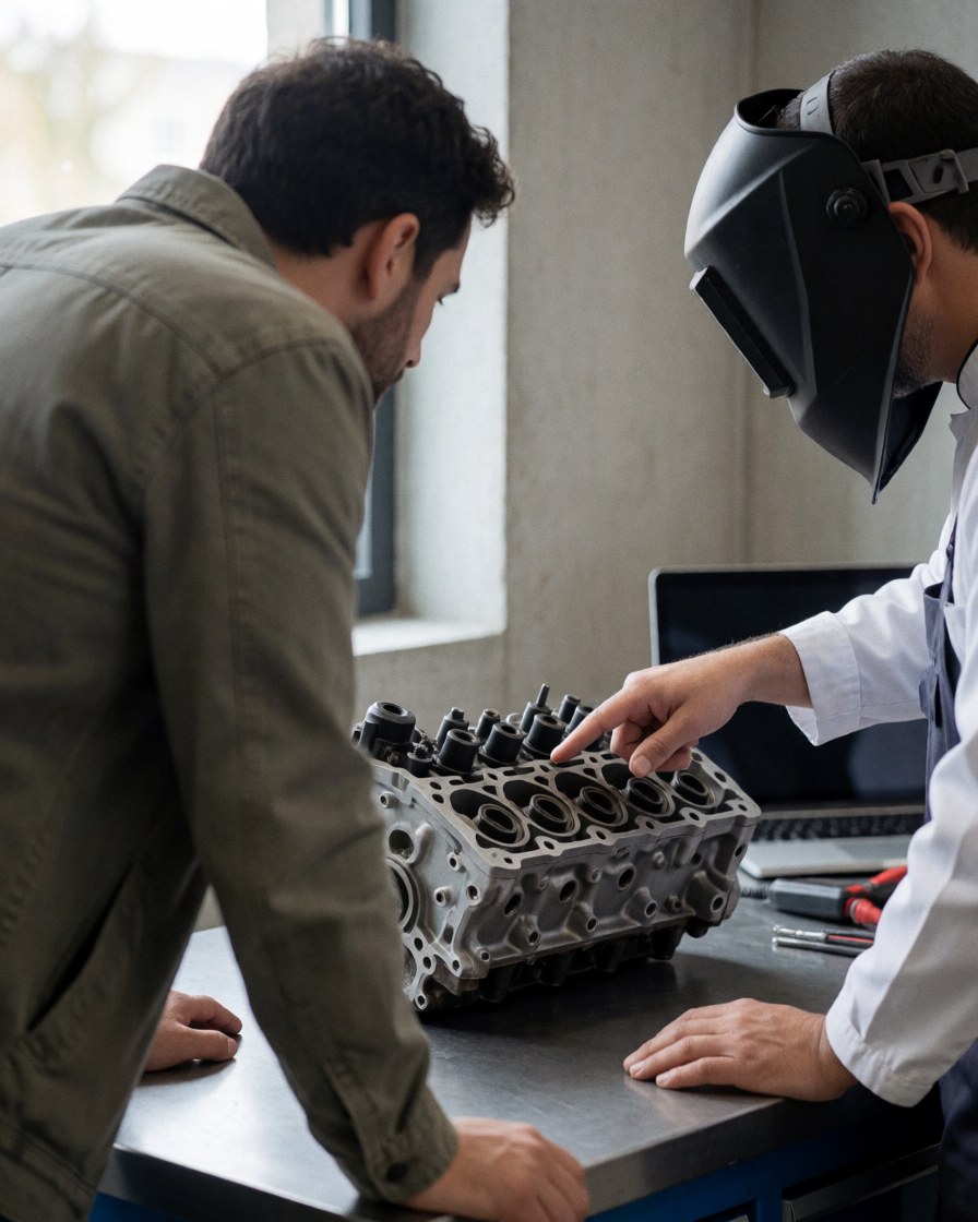 Mechanic wearing a welding helmet explains motorcycle engine details to a client in a well-lit workshop.