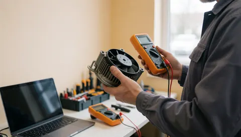 Technician inspecting a fan motor using a multimeter in a well-lit workshop with beige walls and visible tools.