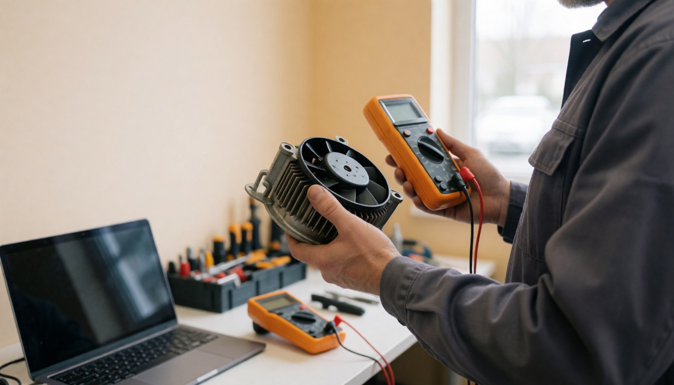Technician inspecting a fan motor using a multimeter in a well-lit workshop with beige walls and visible tools.