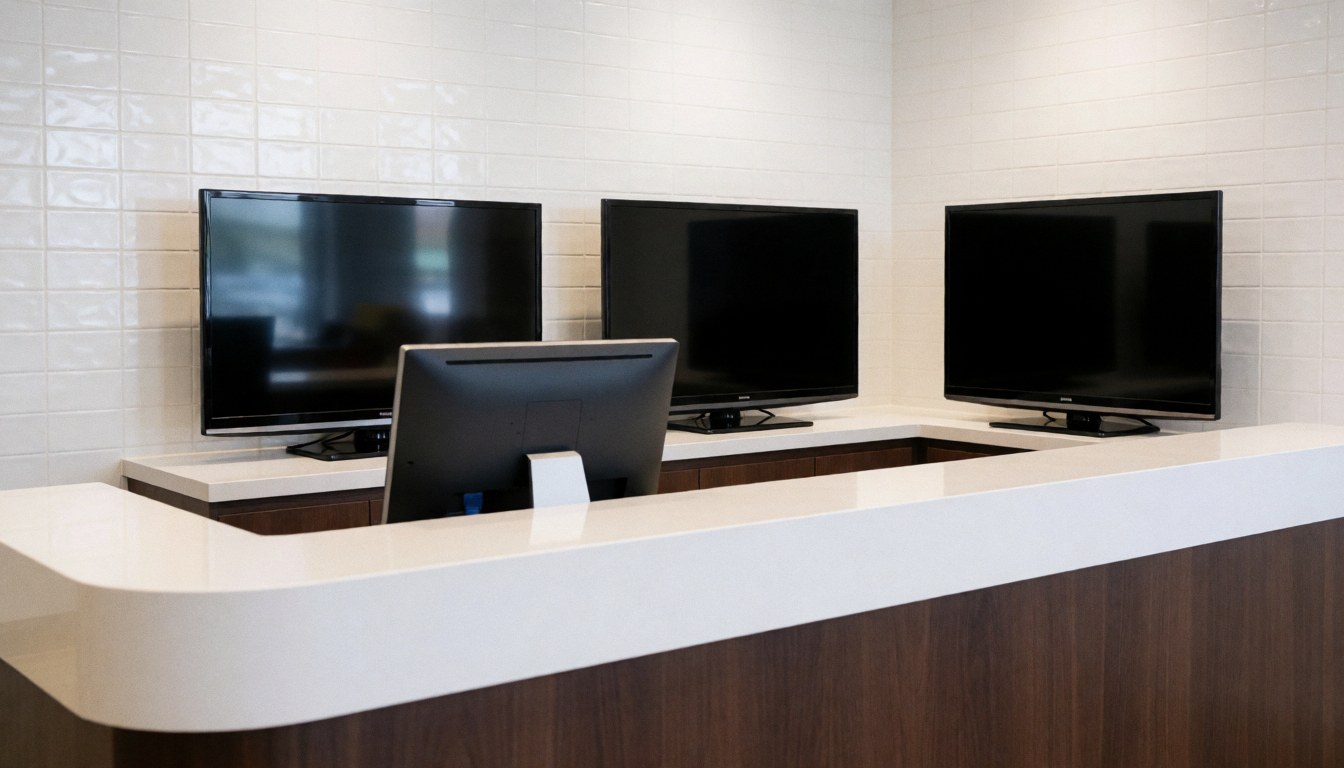 Three repaired televisions displayed on a clean counter against a white tiled wall, suitable for a television repair business