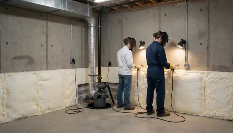 Professionals install thermal insulation panels on concrete basement walls near a sump pump and work lights