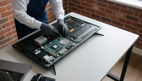 Technician wearing anti-static gloves repairing a disassembled TV on a white table with visible motherboard and tools against a red brick wall.