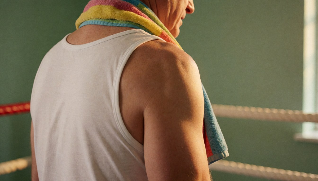 Boxer standing in ring with colorful towel, green wall, warm light, ideal for gym cover