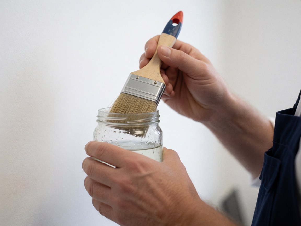 Close-up of a hand holding a paintbrush in a jar of solvent for cleaning, white background