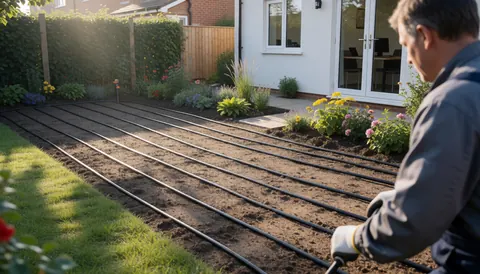 Gardener installing irrigation pipes in a garden with flowers and grass in front of a house
