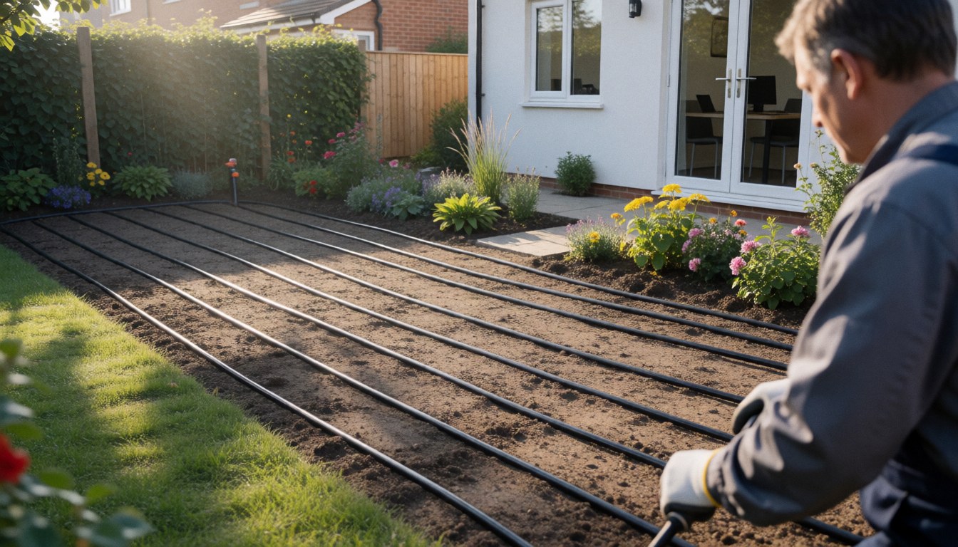 Gardener installing irrigation pipes in a garden with flowers and grass in front of a house