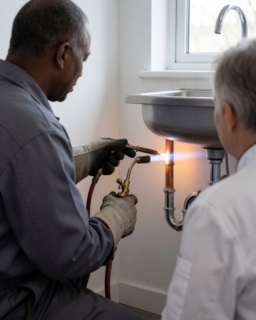 A plumber wearing gloves solders a copper pipe joint under a stainless steel sink while a client watches the repair work being performed.