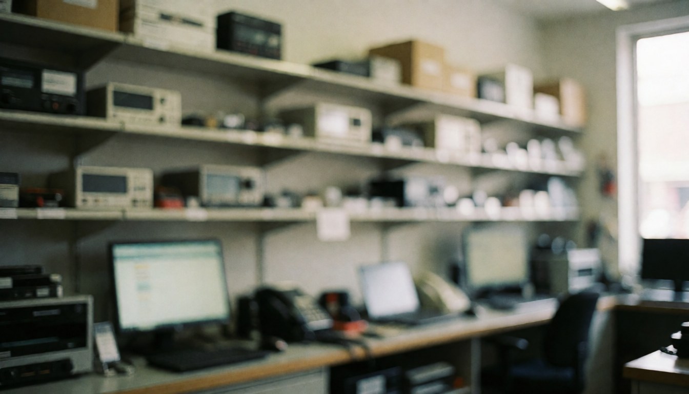 Shelves with electronic components, computers, and technical tools in a professional tv repair workshop background.
