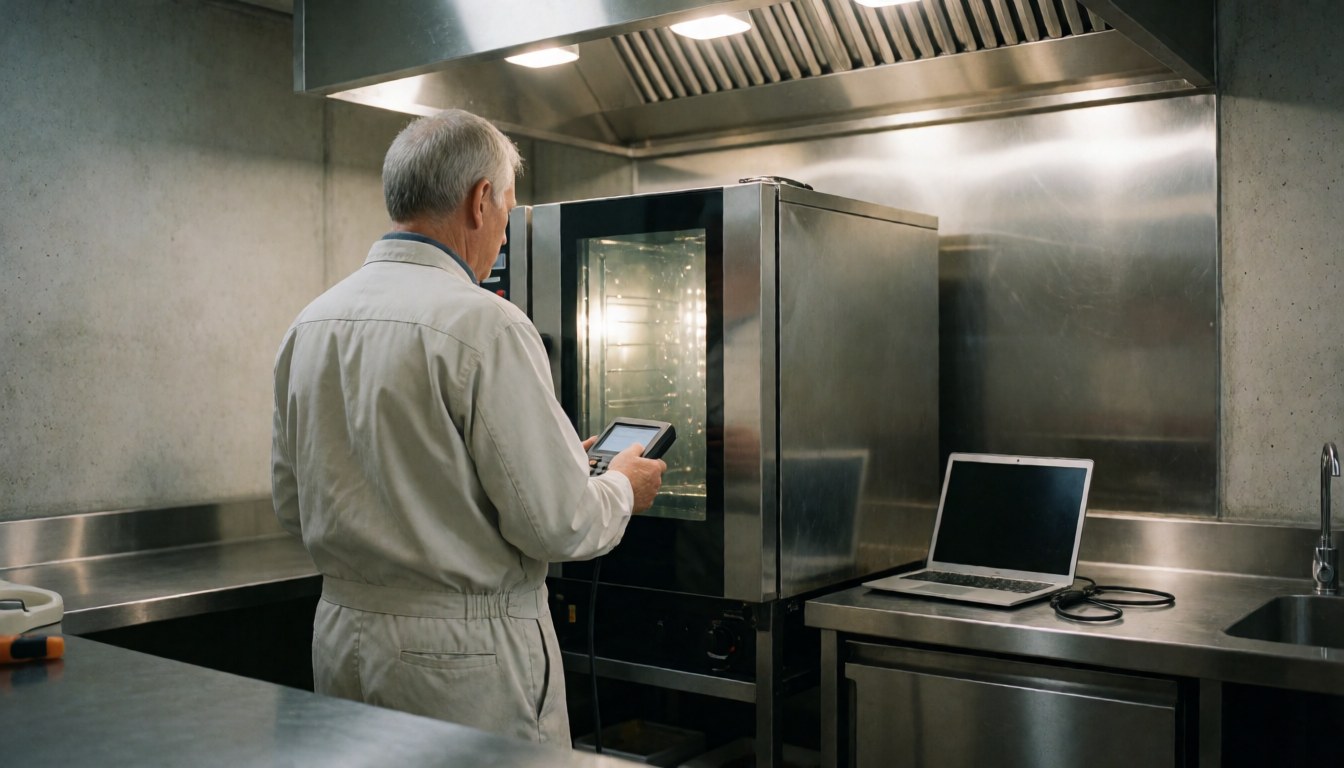Technician inspecting a commercial oven with a diagnostic tool in a stainless steel industrial kitchen.