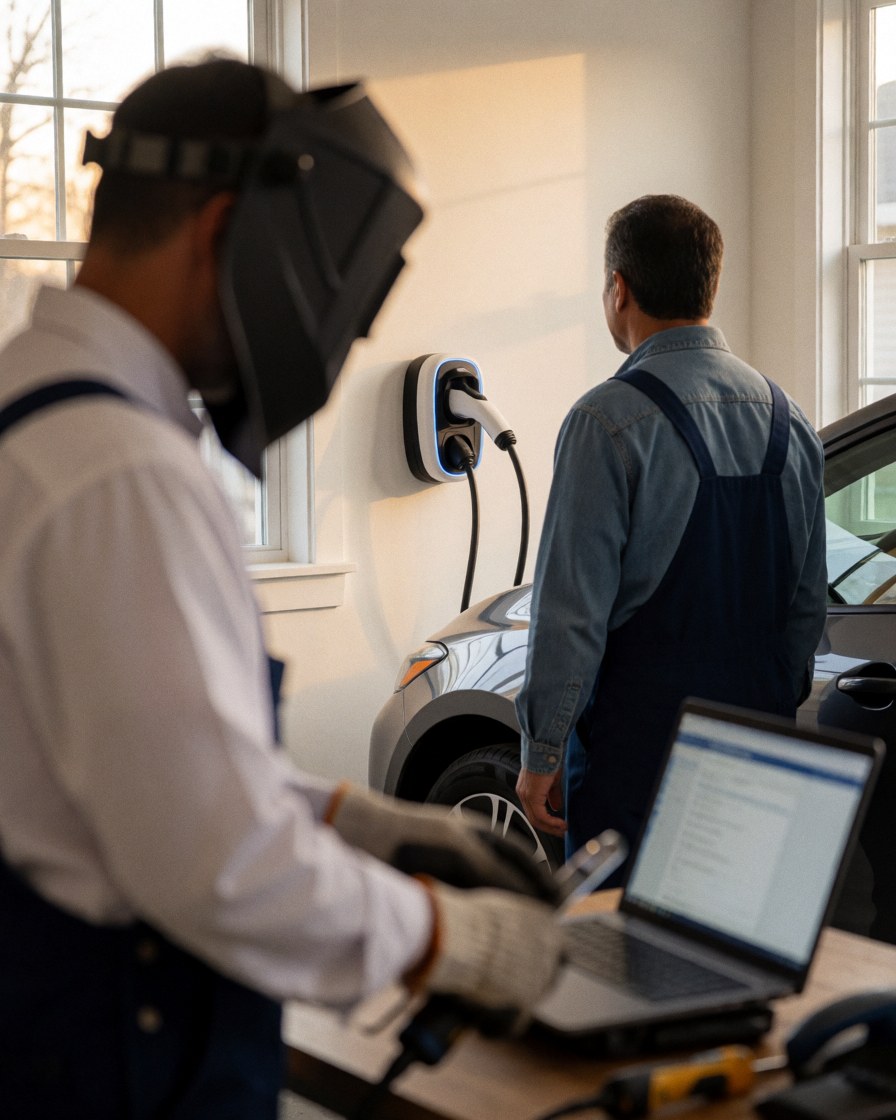Satisfied homeowner looks at a newly installed electric vehicle charging station in a garage with a blurred technician in the foreground.
