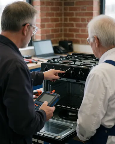 Technician with diagnostic tool explains stove repair to customer in workshop with brick wall