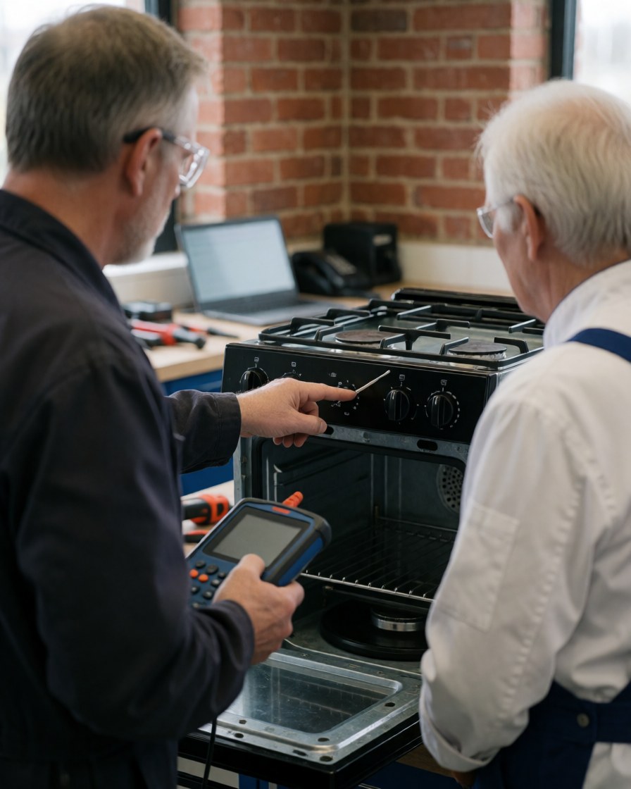 Technician with diagnostic tool explains stove repair to customer in workshop with brick wall