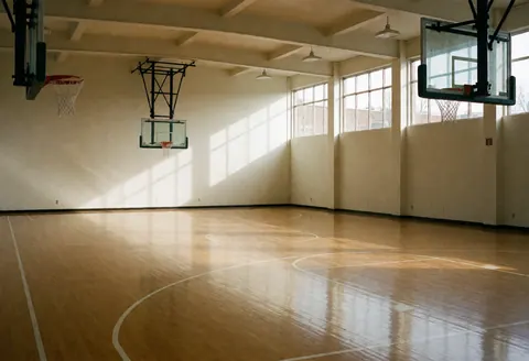 Empty basketball court with polished wood floor, white lines, hoops, and windows with sunlight, ideal for sports business background