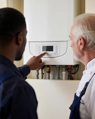 A heating technician adjusts a wall-mounted control panel while a client observes nearby.