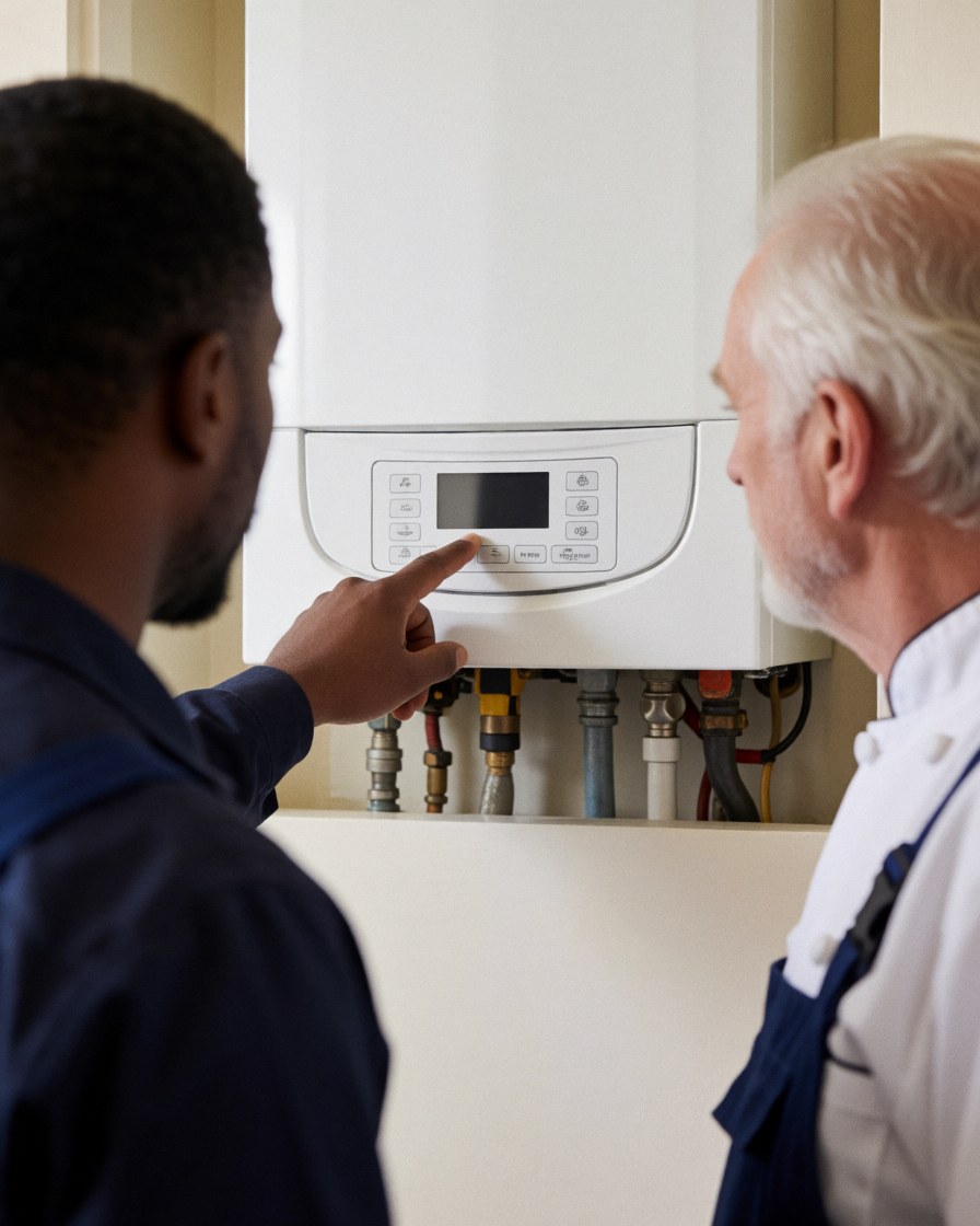A heating technician adjusts a wall-mounted control panel while a client observes nearby.