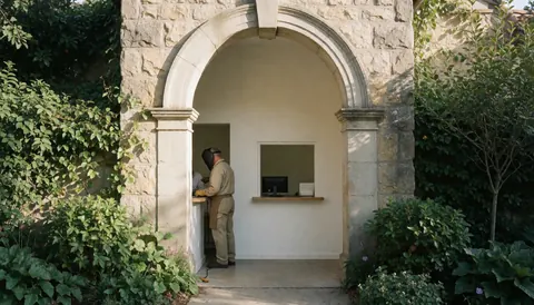 A ticket staff member working at the zoo entrance with a stone arch and computer, surrounded by greenery.