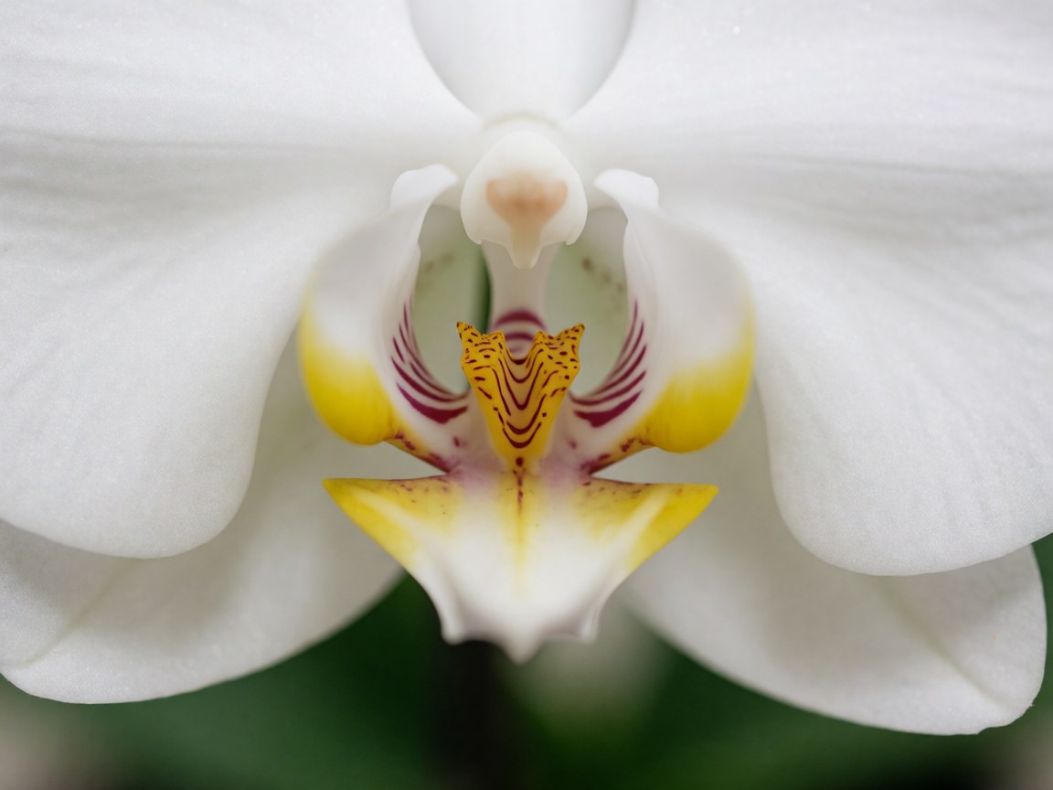 Detailed view of a white orchid featuring a yellow and purple center against a blurred green background, suitable for floristry.