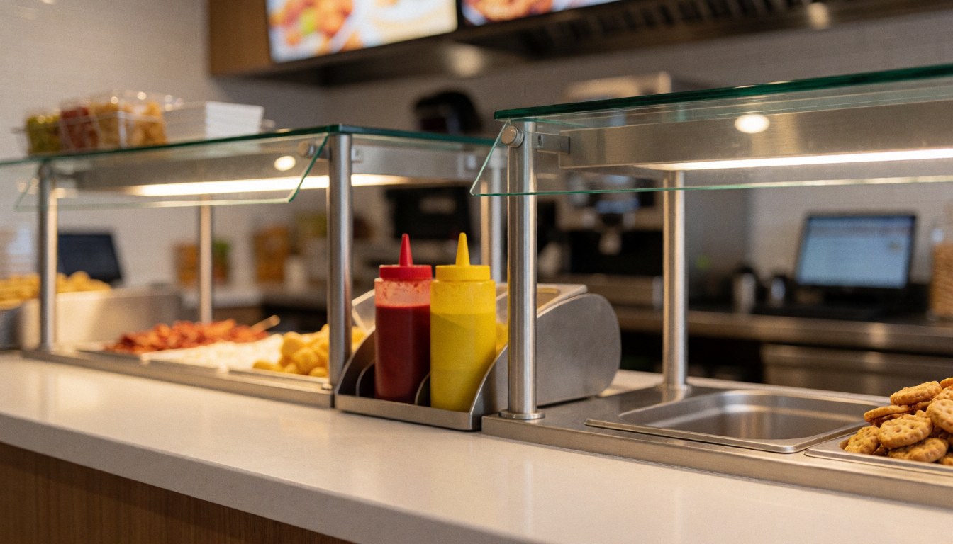 Food service counter featuring sauce dispensers, glass display cases, and warm lighting, suitable as a text background.