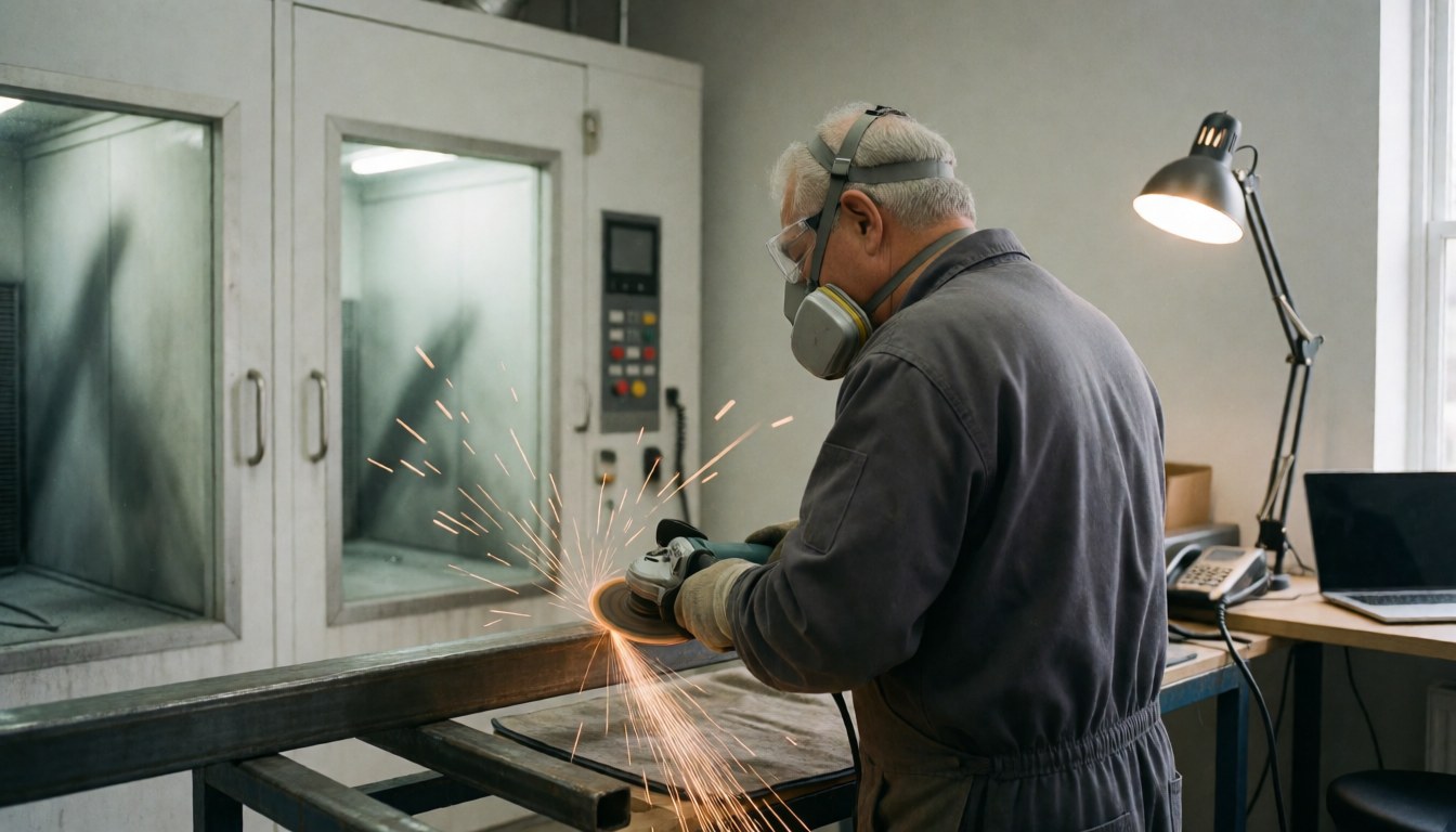 Worker wearing safety gear uses an angle grinder on a metal beam, sending sparks onto a protective blanket with industrial equipment in the background