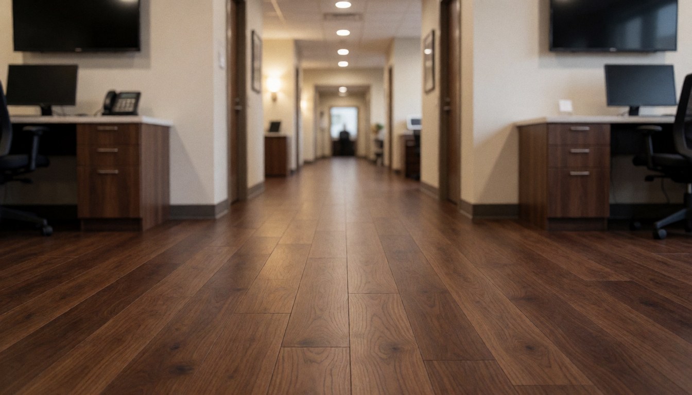 Commercial hallway featuring dark hardwood flooring, warm lighting, and office furniture against white walls, suitable as a background for text.