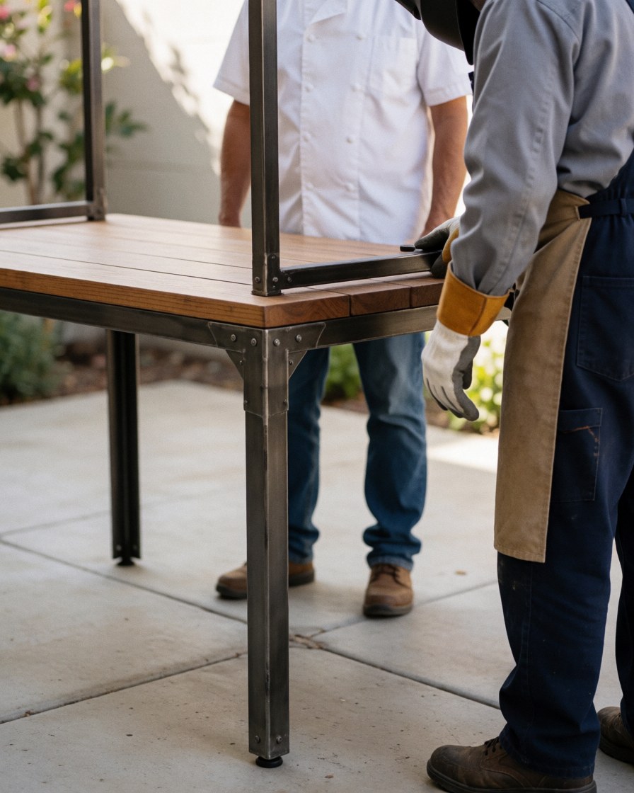Technician wearing gloves adjusts a metal and wood table while a customer inspects it in a concrete patio under natural light.
