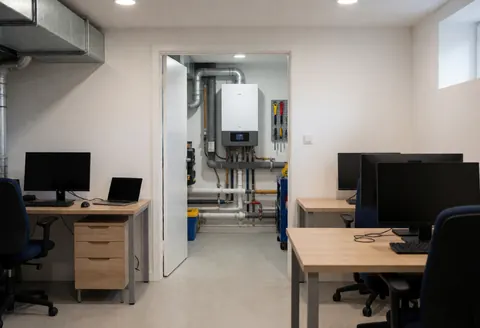 Modern heating boiler in a clean basement with visible pipes and tools, suitable for boiler repair services.