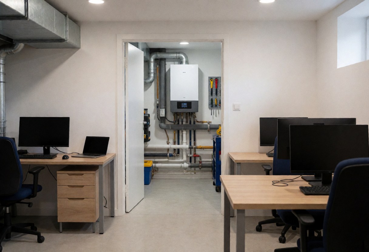 Modern heating boiler in a clean basement with visible pipes and tools, suitable for boiler repair services.