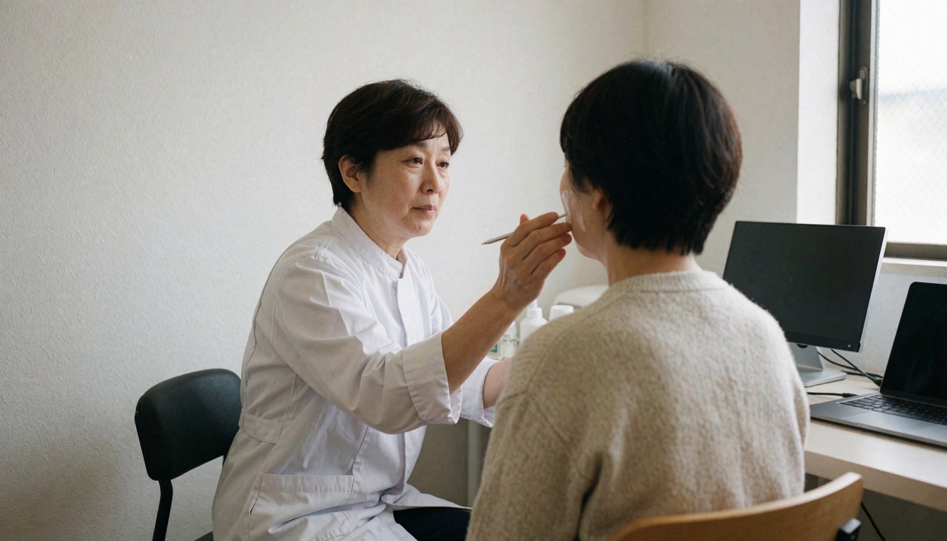 A professional applies cream to a client's face during a treatment in a medical clinic with white walls and visible equipment.