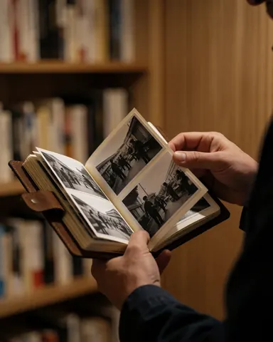 Close-up of hands turning pages in a leather photo album filled with black and white street photography images in a library setting