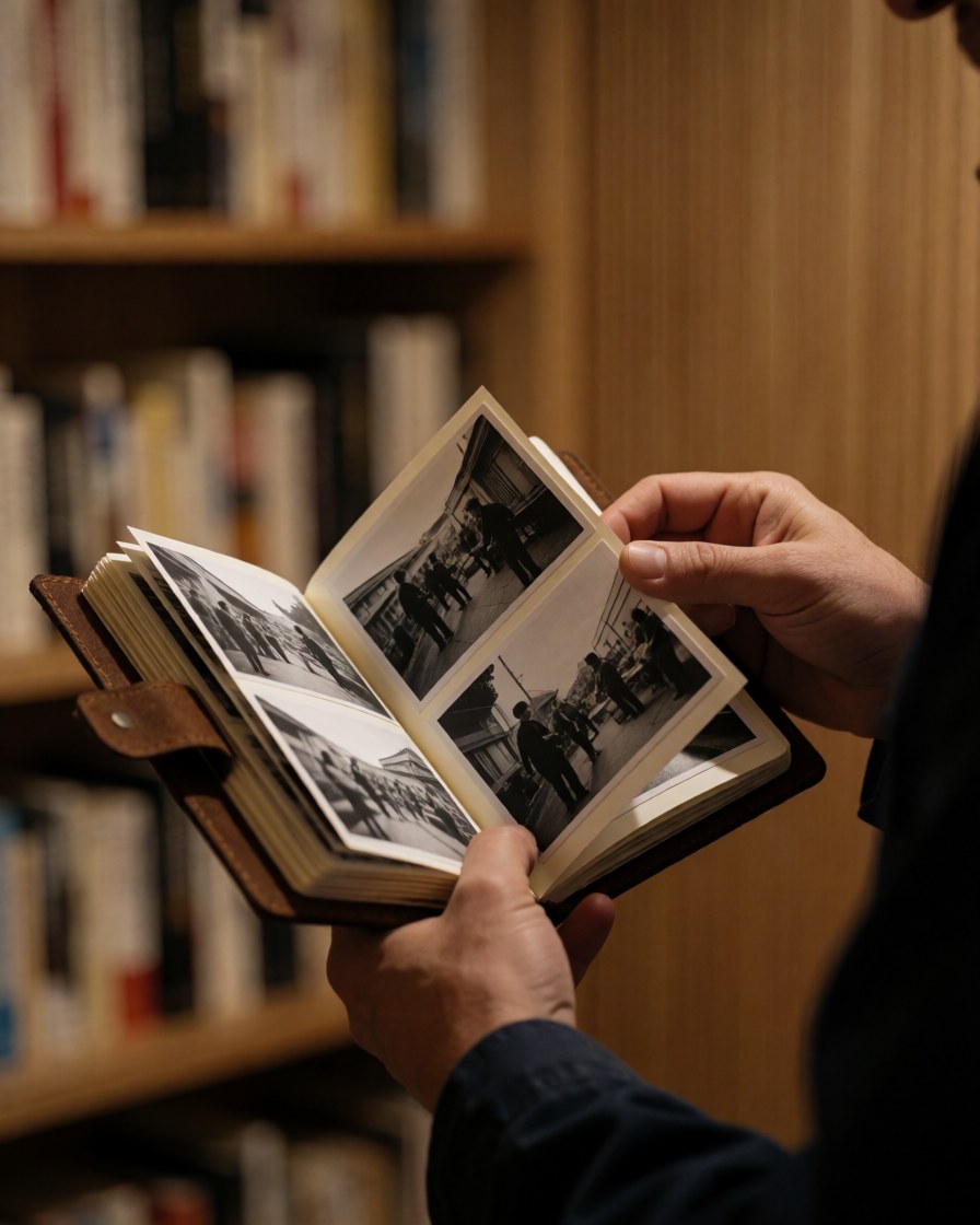 Close-up of hands turning pages in a leather photo album filled with black and white street photography images in a library setting