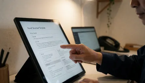 Writer pointing at a novel structure template on a tablet on a desk with warm light and white walls