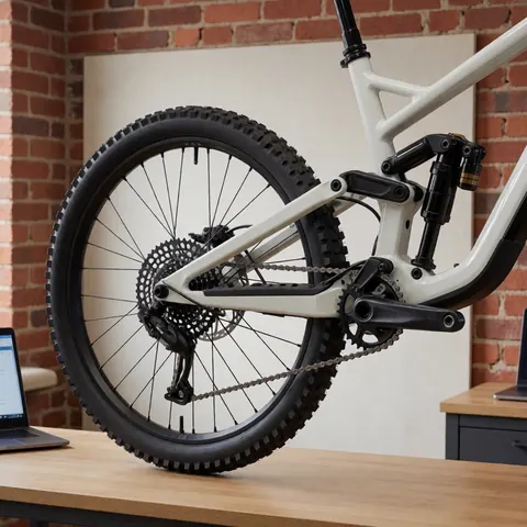 Mountain bike featuring rear suspension resting on a wooden table against a red brick wall background, suitable for bicycle workshop product display