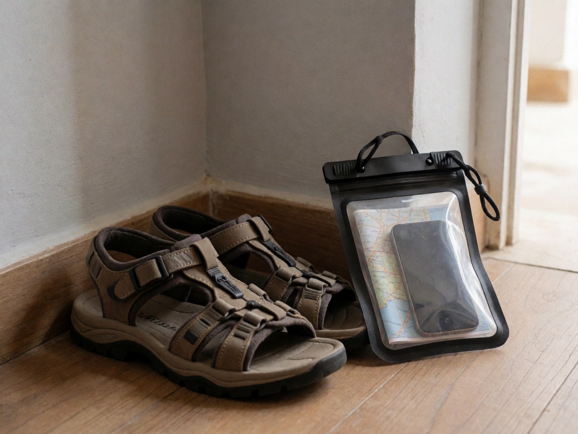Hiking sandals and a waterproof bag containing a map and phone resting on a wooden floor near a hostel entrance.