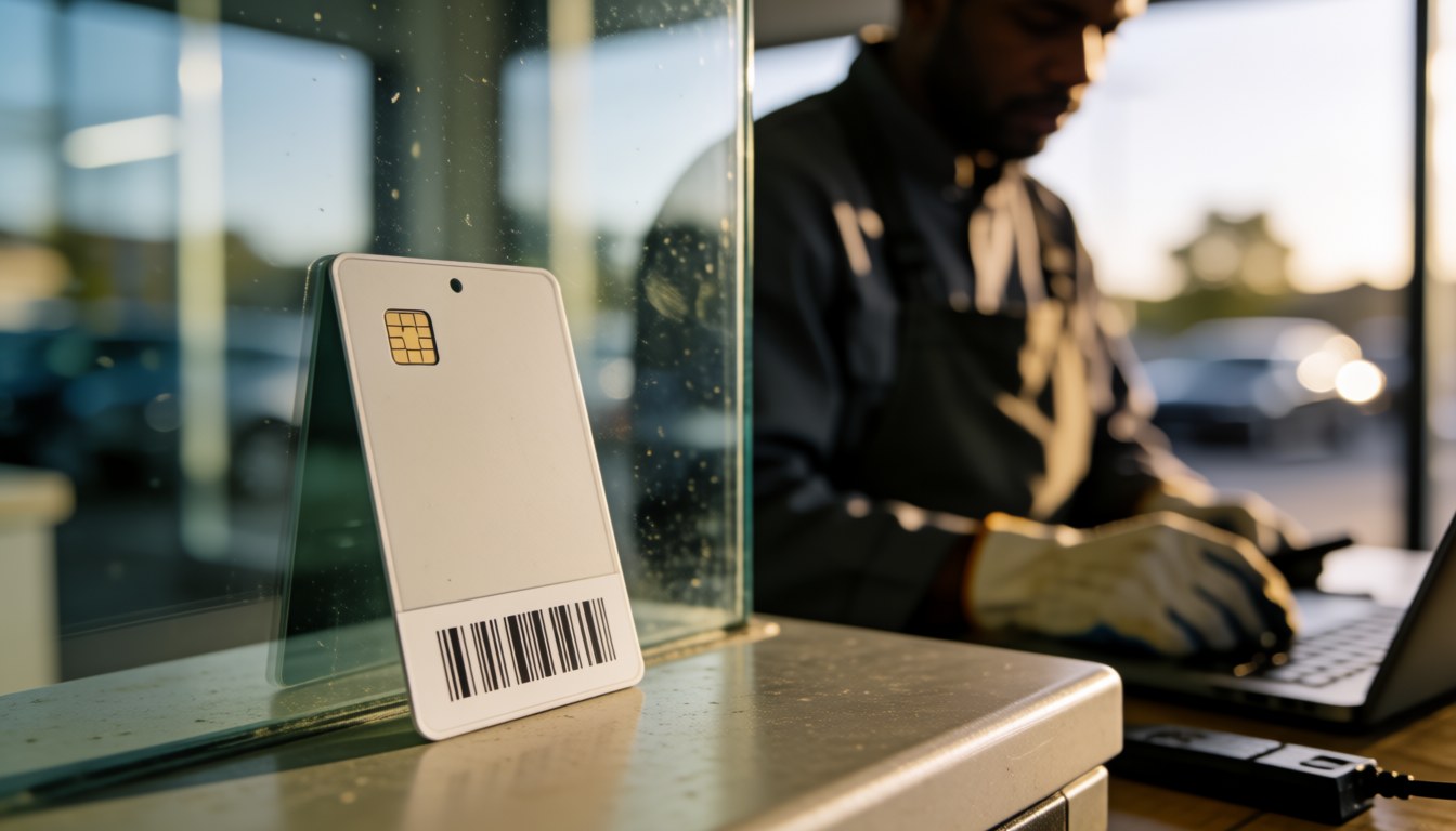 A monthly parking access card with a chip and barcode rests on a glass surface, with a person working on a laptop in the warm sunset light background.