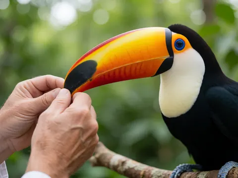 Close-up of a toucan's orange and black beak perched on a branch with blurred green background