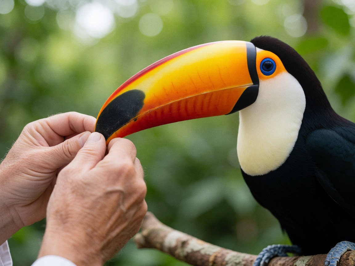 Close-up of a toucan's orange and black beak perched on a branch with blurred green background