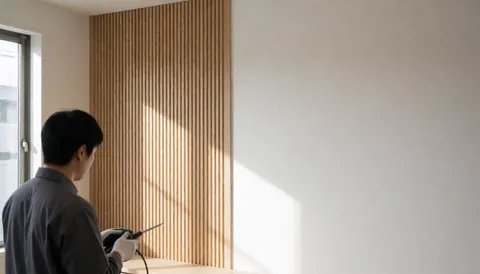 Carpenter wearing a glove works on a wooden panel with vertical slats against a white wall in a bright, modern workshop setting.
