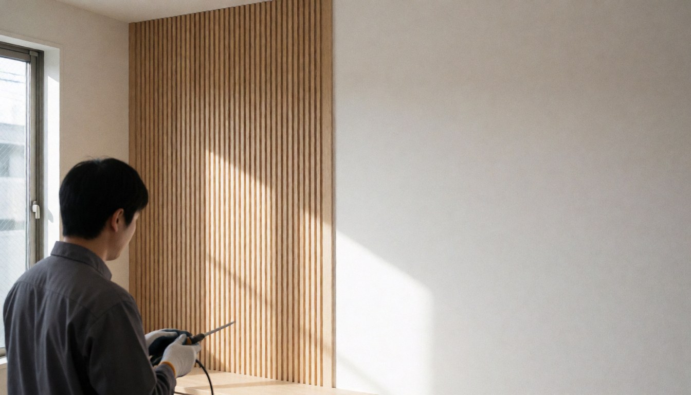 Carpenter wearing a glove works on a wooden panel with vertical slats against a white wall in a bright, modern workshop setting.