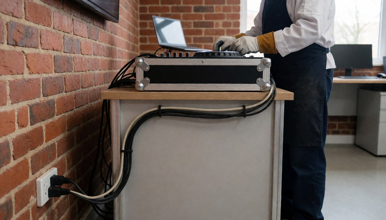 Professional dj with gloves manipulating equipment on a wooden table with red brick wall and cables connected to power outlet