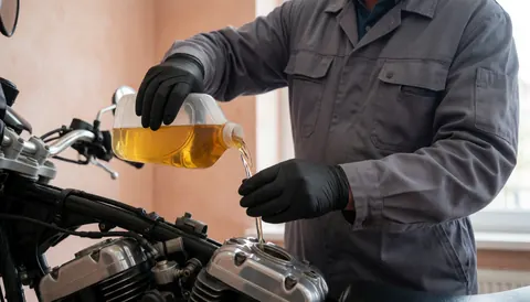 Mechanic adding synthetic oil to a motorcycle engine in a workshop with light plaster walls