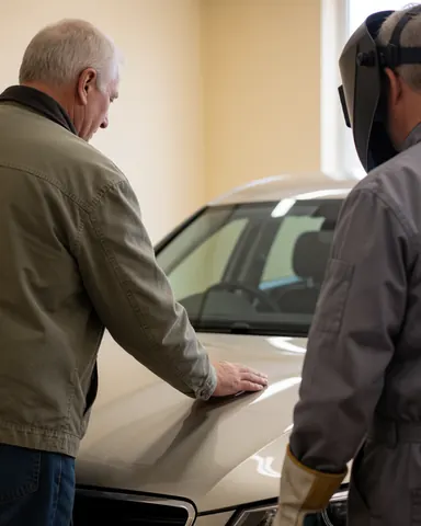 A satisfied customer inspects the polished hood of a car at a professional car wash facility.