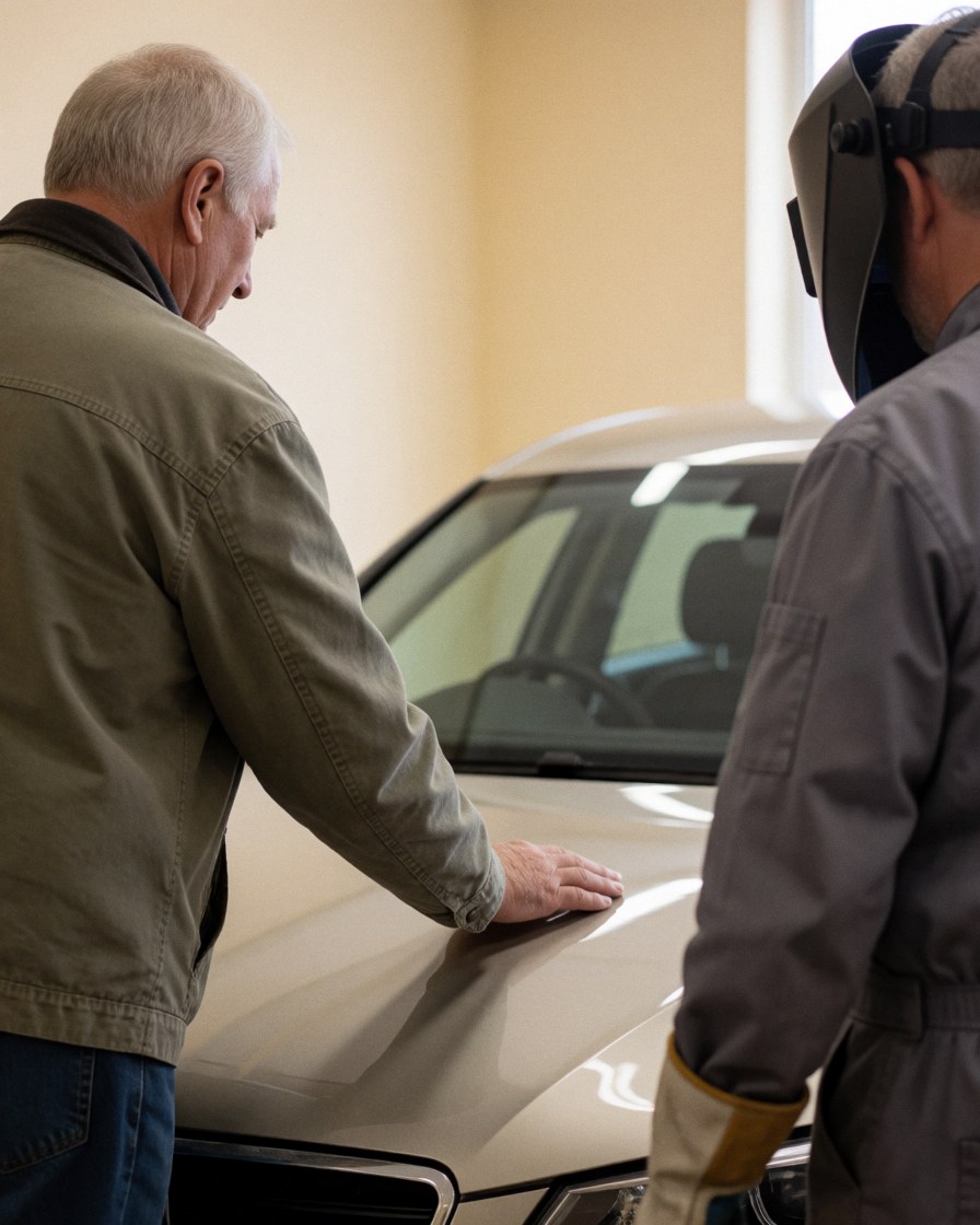 A satisfied customer inspects the polished hood of a car at a professional car wash facility.