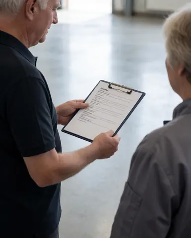 A professional inspector hands an inspection report to a client in a clean industrial facility with polished concrete floors and natural light.