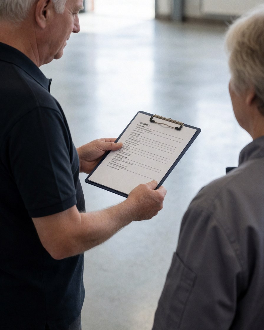 A professional inspector hands an inspection report to a client in a clean industrial facility with polished concrete floors and natural light.