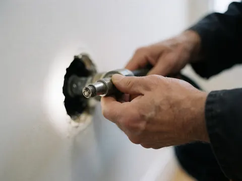 Close-up of plumber's hands using a drilling tool on a white wall, showing detailed manual work.