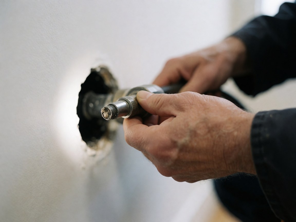 Close-up of plumber's hands using a drilling tool on a white wall, showing detailed manual work.